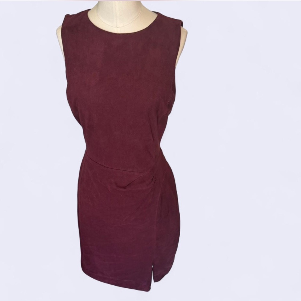 Ralph Lauren burgundy asymmetrical sheath dress with ruching at waist and a slit